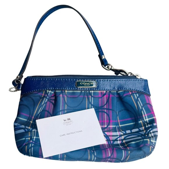 Coach Blue Tartan Plaid Canvas/Leather Wristlet Purse - Picture 2 of 7